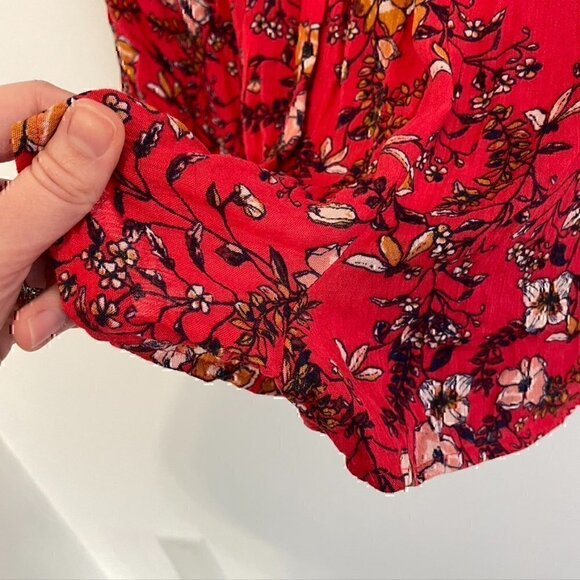 XHILARATION Coral Red Multi Floral Long Bell Flare Sleeve Wrap Surplice Romper S - Picture 8 of 12